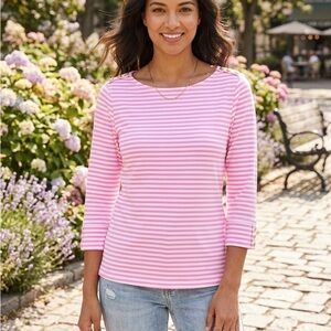 Stela Parker Women's Pink & White Striped 3/4-Sleeve Boatneck Top